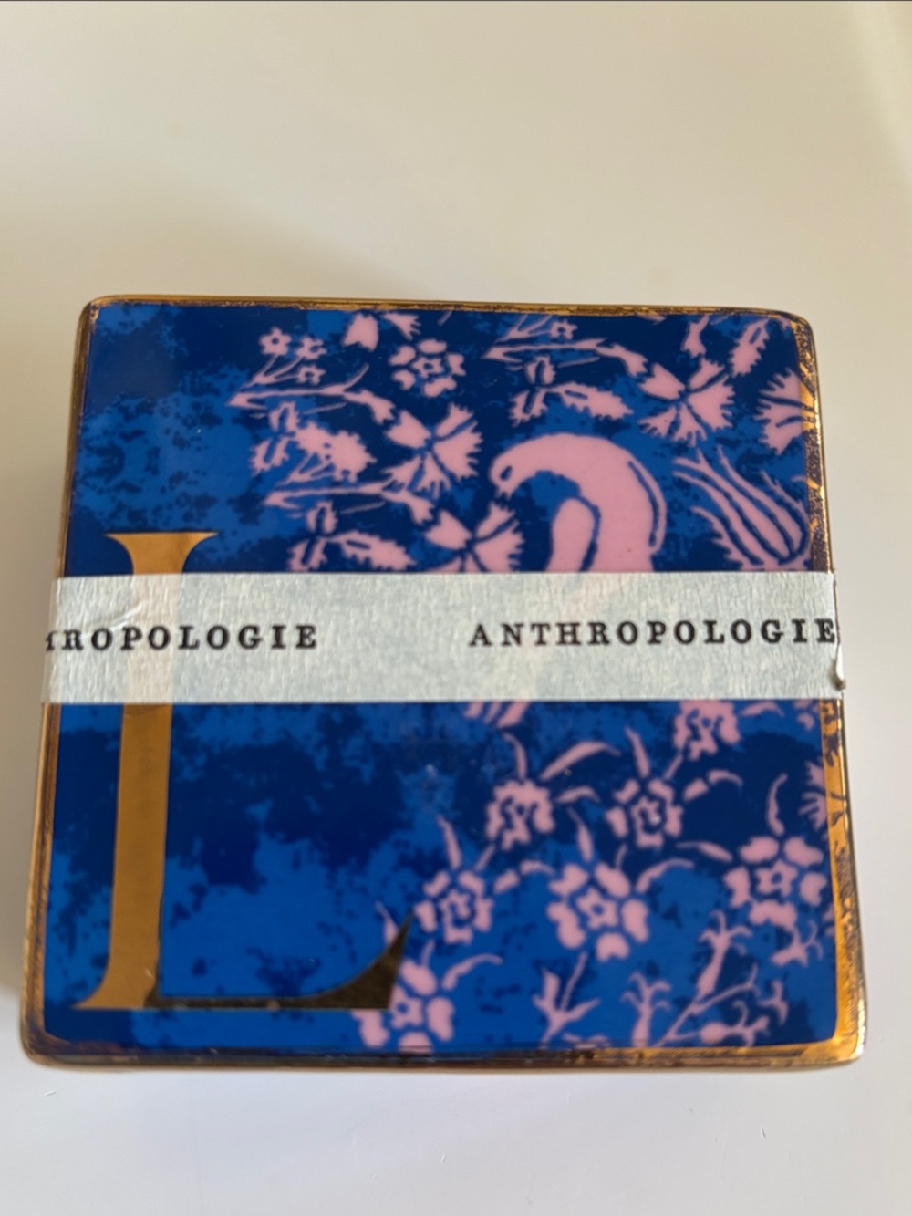 Anthropologie Blue and Pink Floral Ceramic Trinket Dish with Gold L